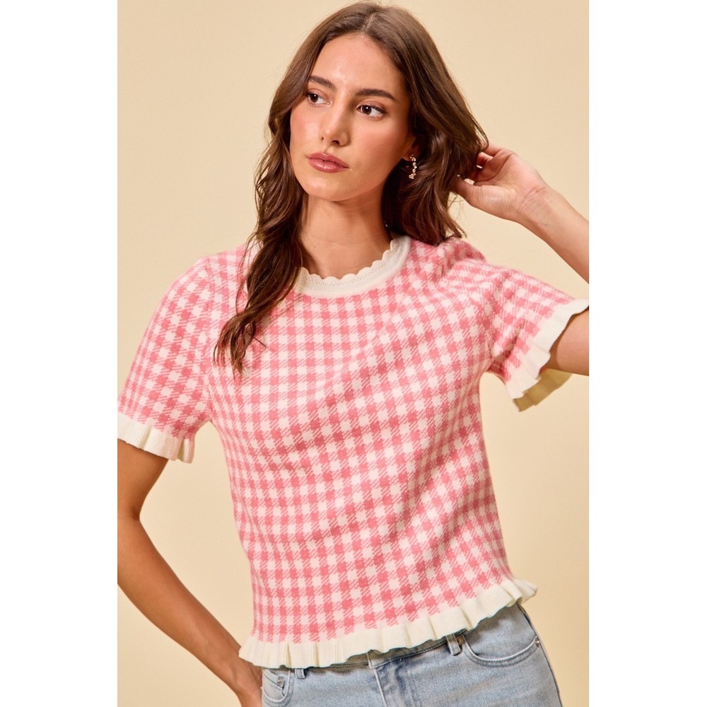 SO ME Gingham Knit Ruffled Short Sleeves Sweater Top - Pink - XL - Picture 8 of 12